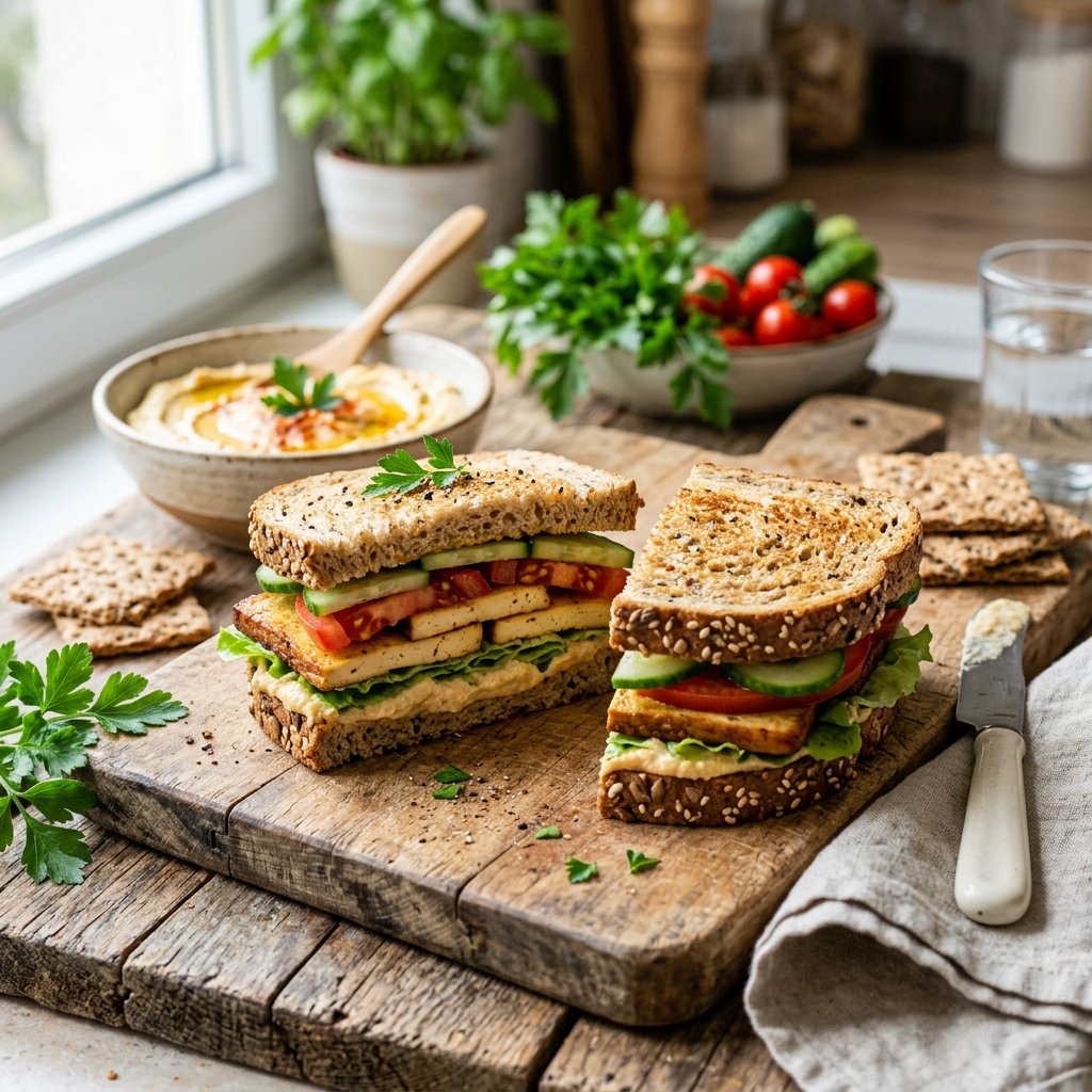 A smoked tofu and hummus whole-grain sandwich cut in half on a wooden board with fresh vegetables and a bowl of hummus nearby.