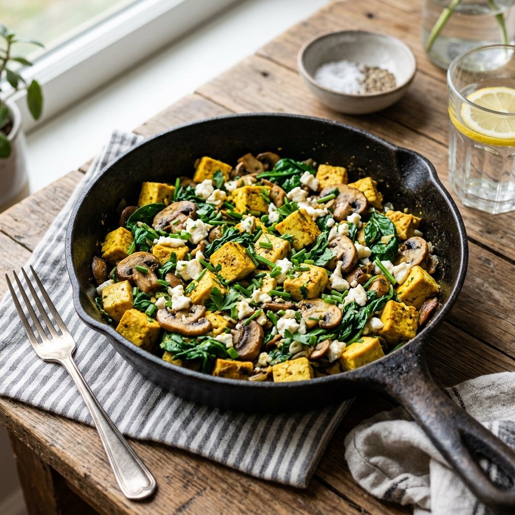 A skillet filled with cooked tofu cubes, spinach, mushrooms, and vegan feta cheese garnished with fresh herbs on a wooden table.