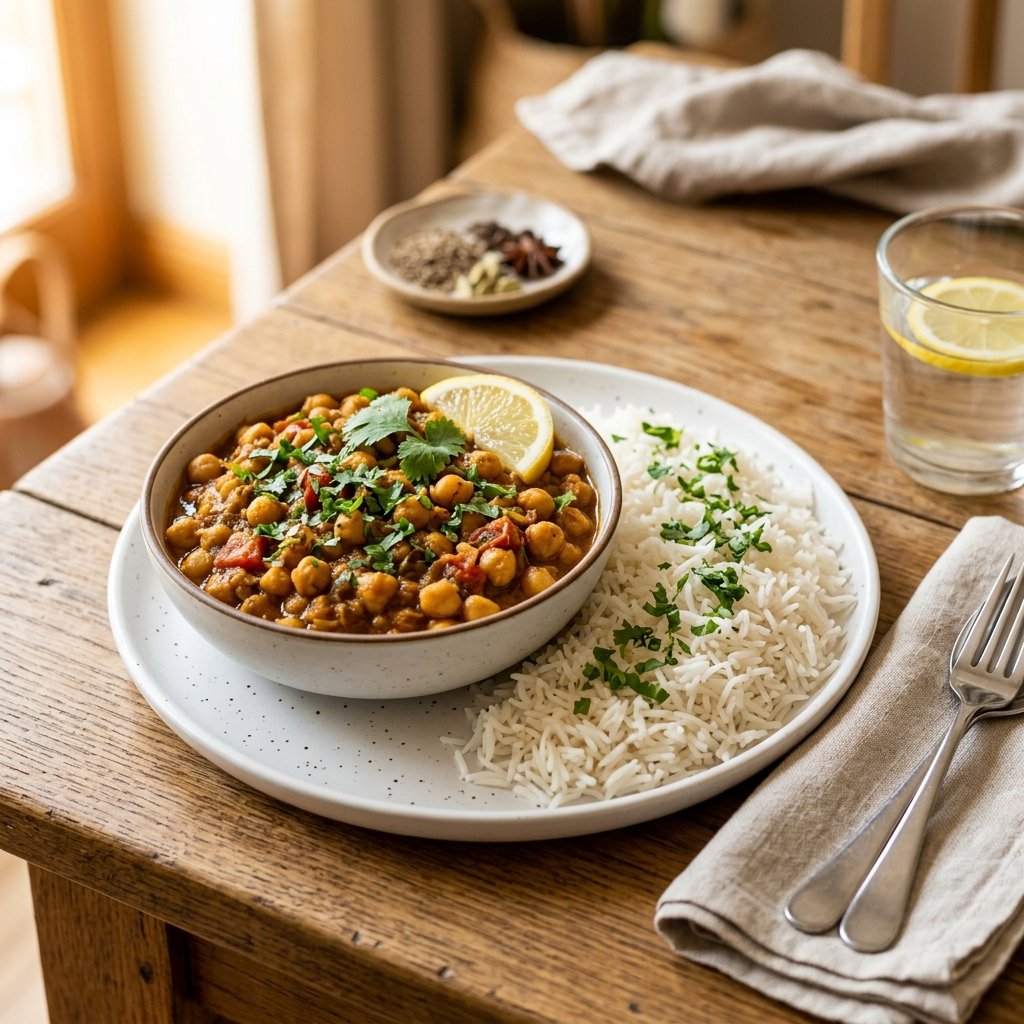 A bowl of chickpea curry with basmati rice on a wooden table, garnished with cilantro and lemon.