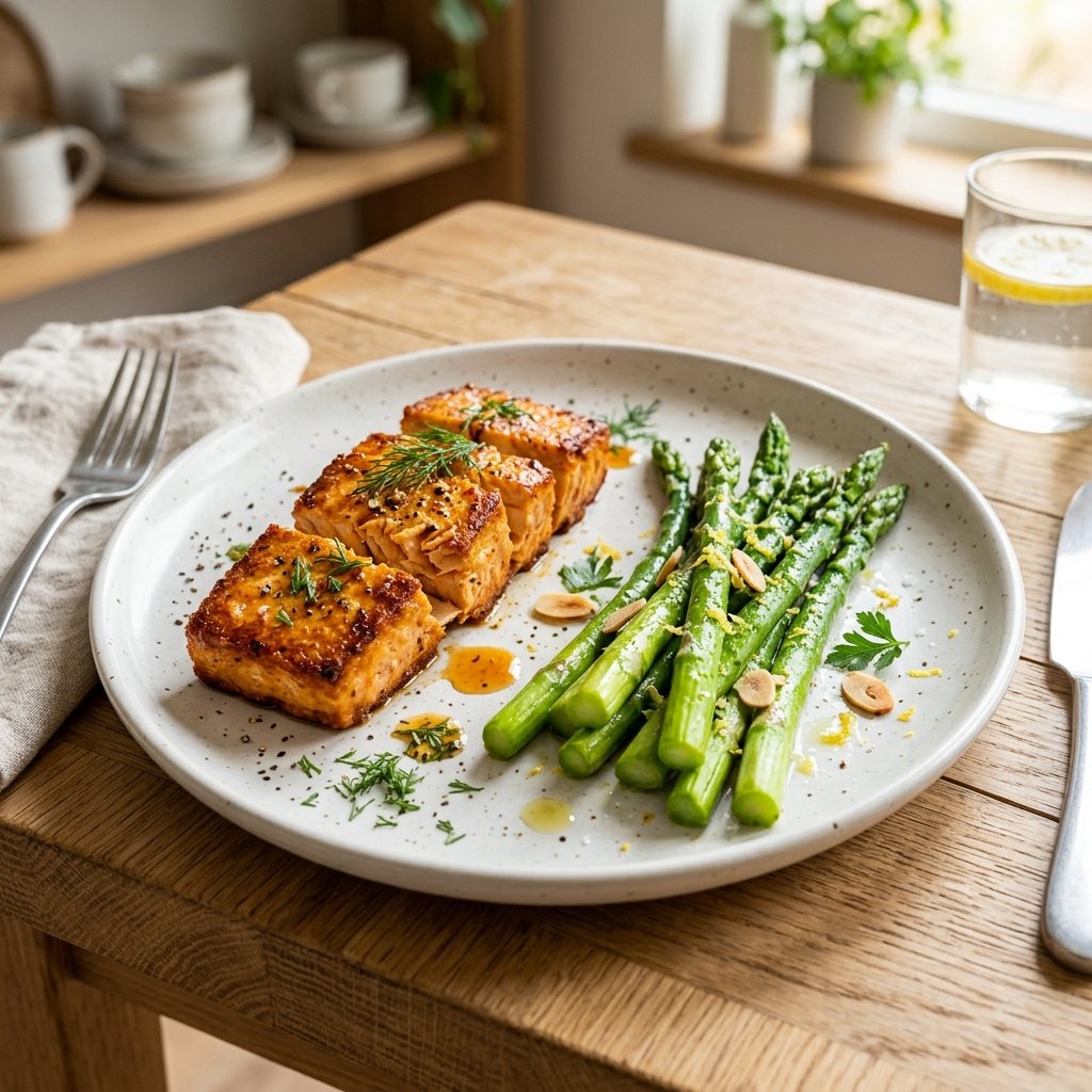 Plate of golden seared tofu with green asparagus on a white plate on a dining table.