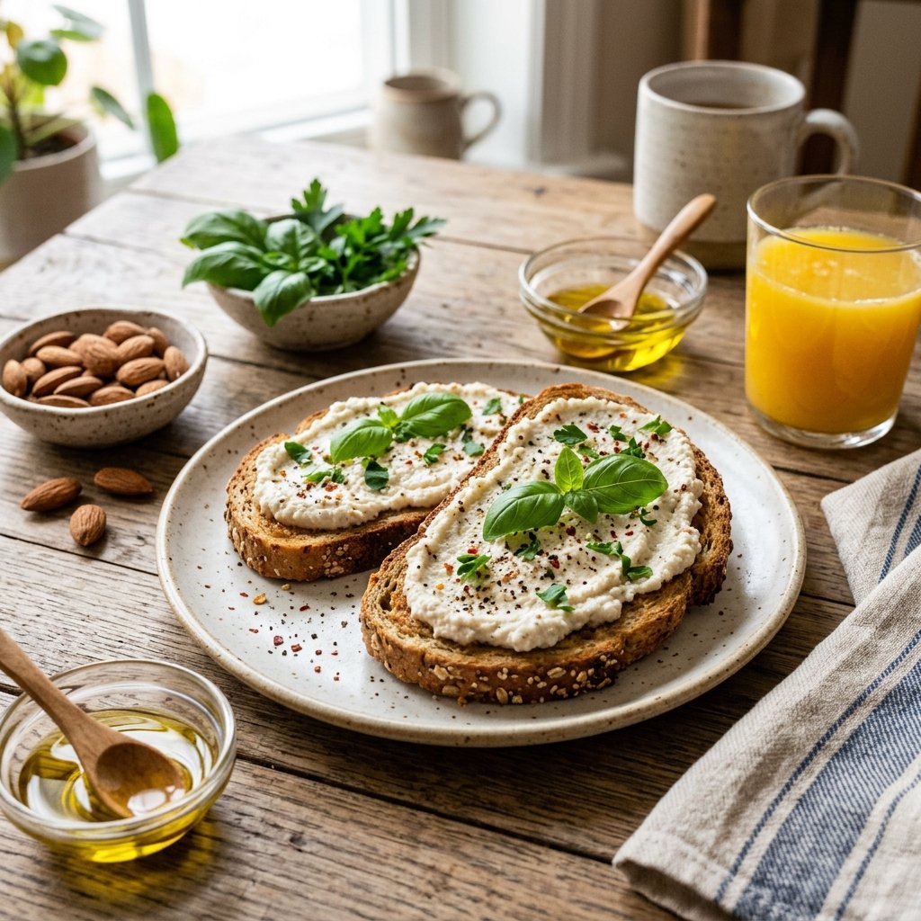A plate of whole-grain toast topped with creamy almond spread and fresh herbs on a wooden table with small bowls of almonds and herbs nearby.