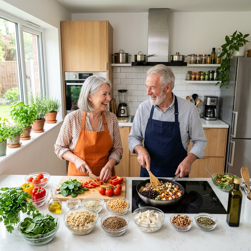 A smiling senior couple cooking plant-based meals together in a bright kitchen with fresh vegetables and legumes on the counter.