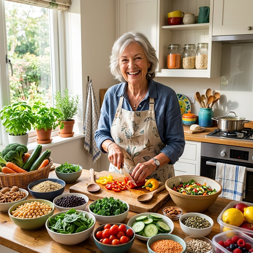 Senior woman preparing a colorful vegan meal in a bright kitchen with fresh vegetables and plant-based ingredients.