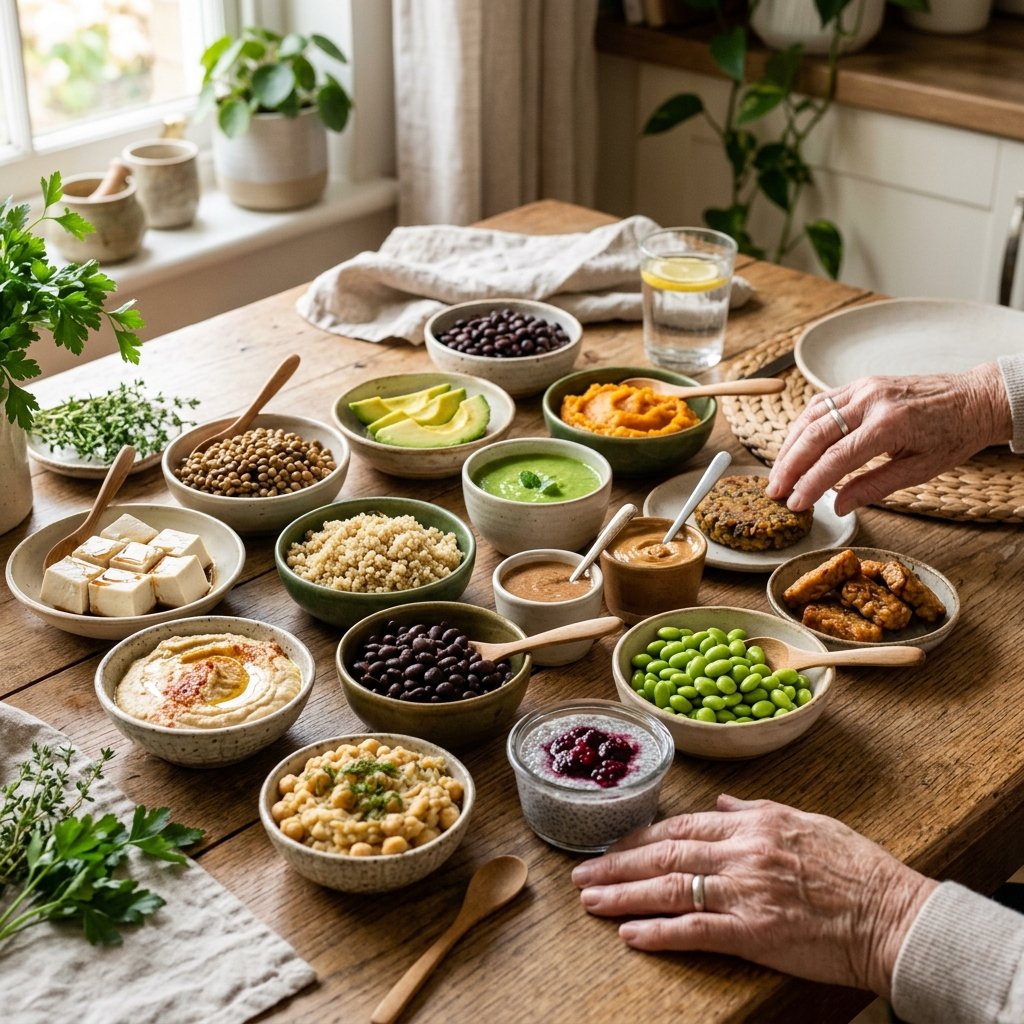 A kitchen table with various soft, high-protein vegan foods arranged on plates and bowls, with a senior person's hand reaching toward the food.