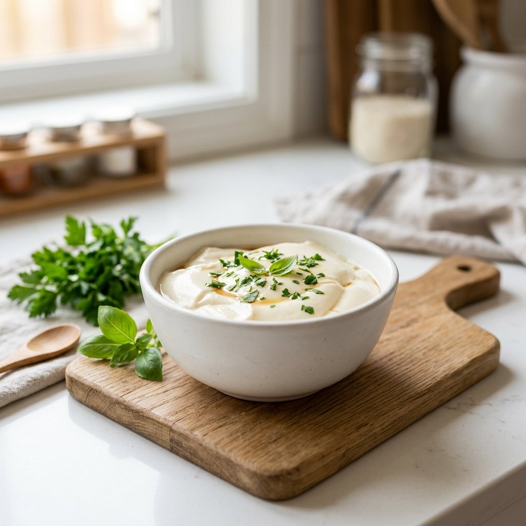A bowl of smooth silken tofu with fresh green herbs on a wooden cutting board in a kitchen setting.