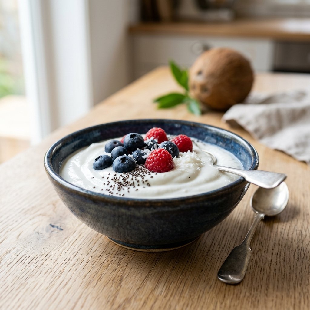 A bowl of creamy coconut yogurt topped with fresh berries and chia seeds on a wooden surface with coconuts and green leaves nearby.