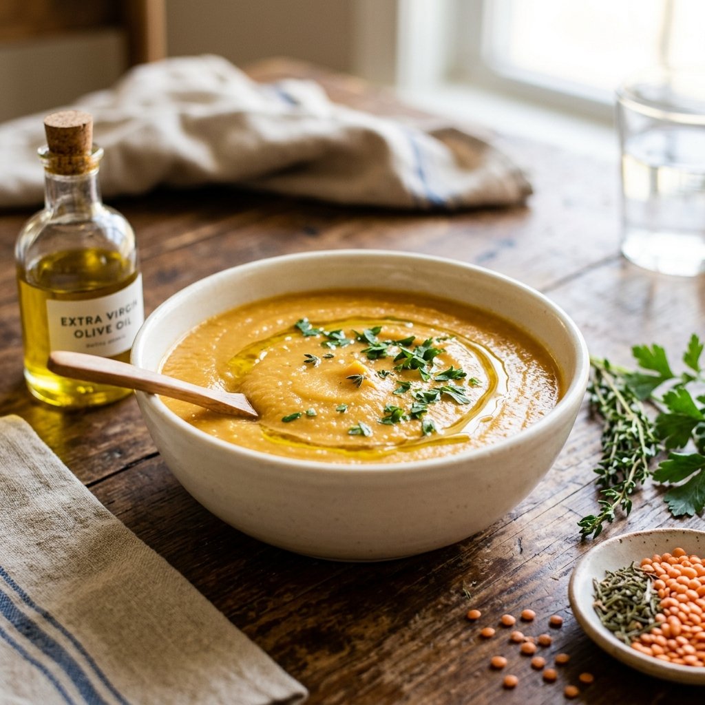 A bowl of smooth lentil soup drizzled with olive oil on a wooden table with fresh ingredients nearby.