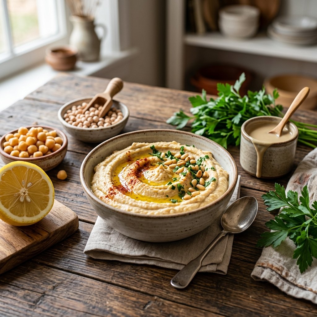 A bowl of creamy mashed chickpeas with tahini on a wooden table surrounded by fresh chickpeas, lemon, tahini sauce, and parsley.