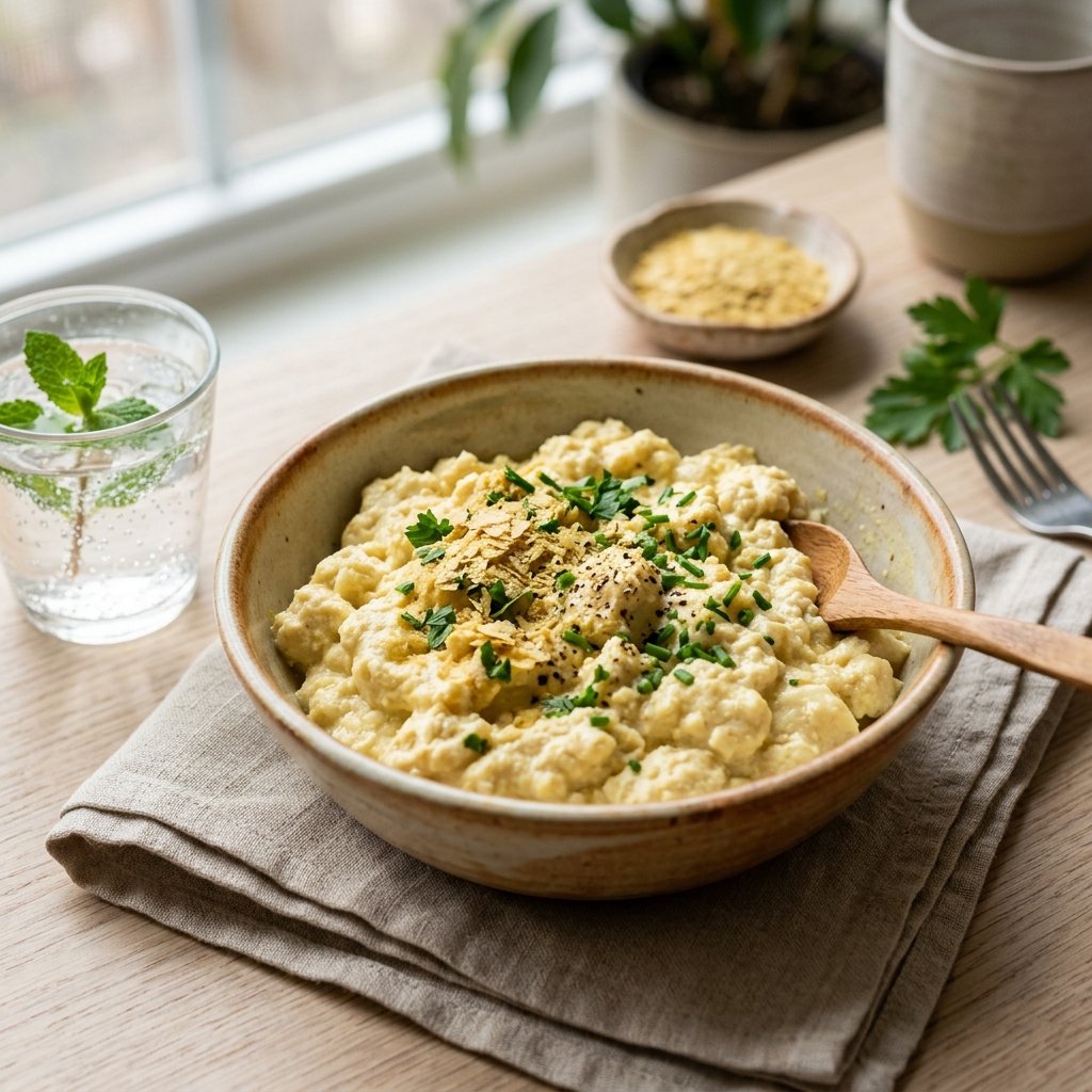 A bowl of soft scrambled tofu topped with nutritional yeast on a neutral surface with fresh herbs nearby.