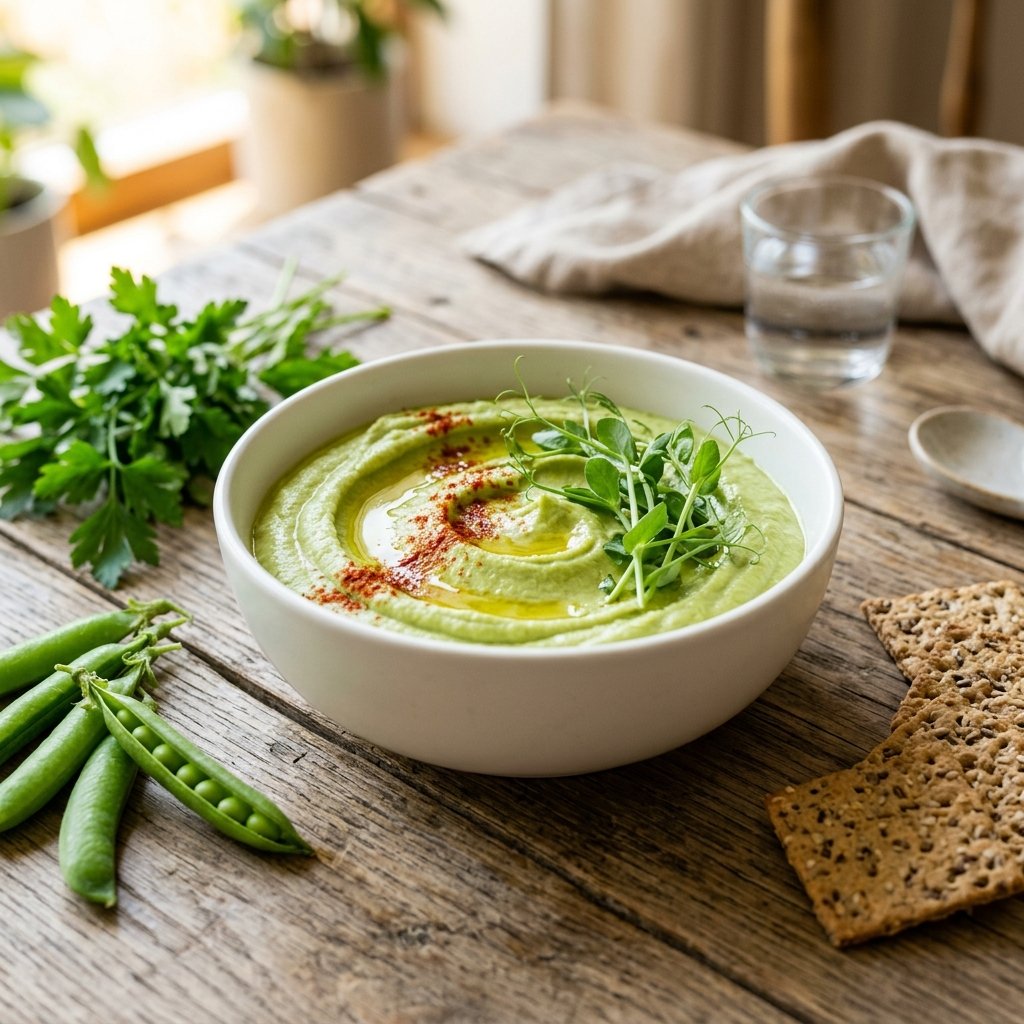 A bowl of smooth green pea protein hummus garnished with olive oil and herbs, surrounded by fresh peas and crackers on a wooden table.
