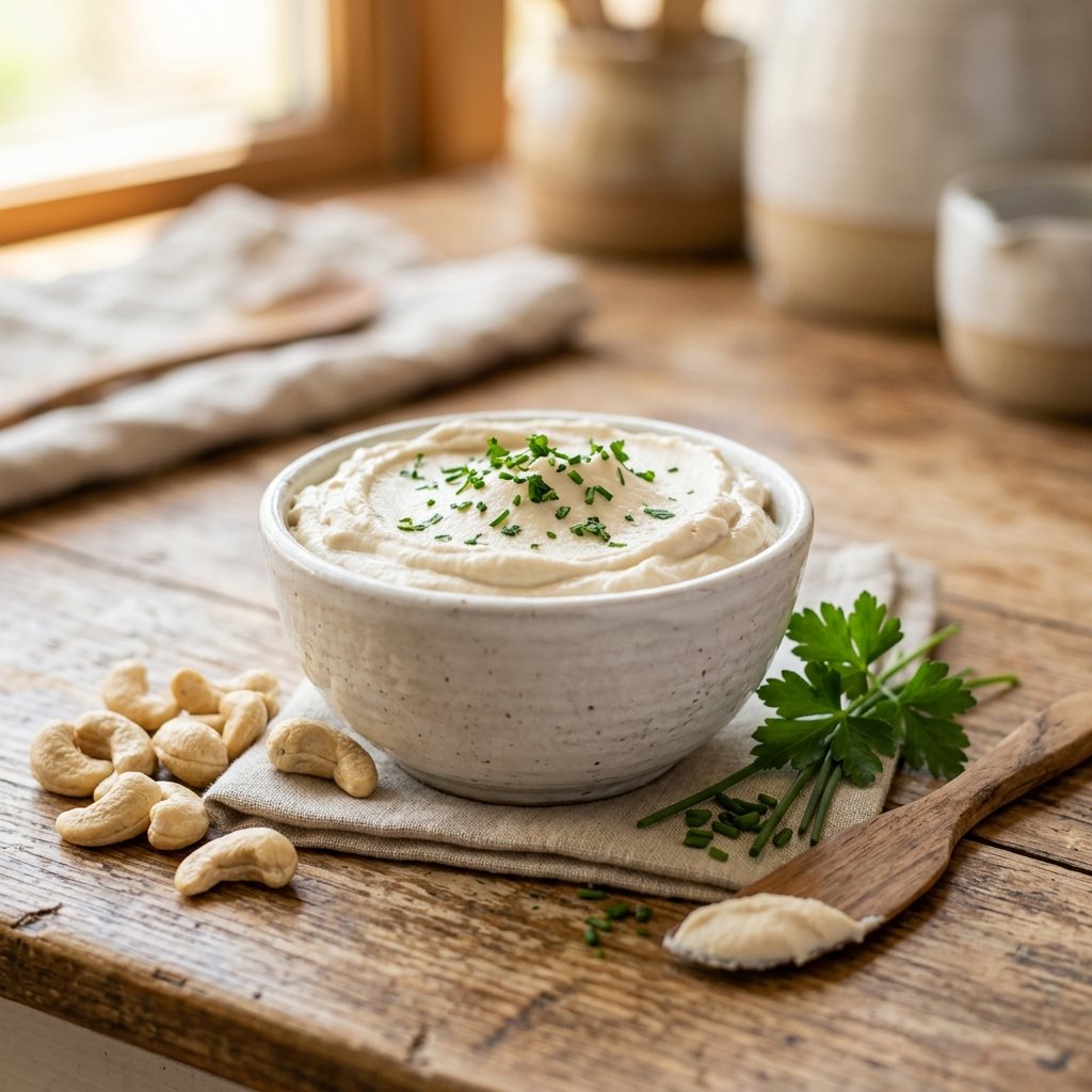 A bowl of smooth cashew-based cheese spread with fresh cashews and herbs on a wooden table.