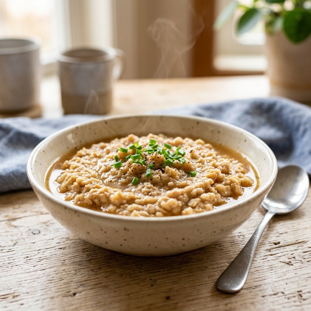 A bowl of soft mashed tempeh with broth on a wooden surface, with a spoon beside it.