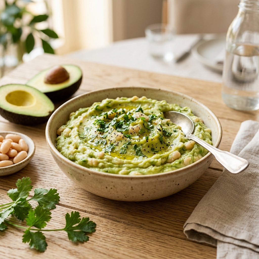 A bowl of creamy white bean and avocado mash with fresh avocados and white beans on a wooden table.