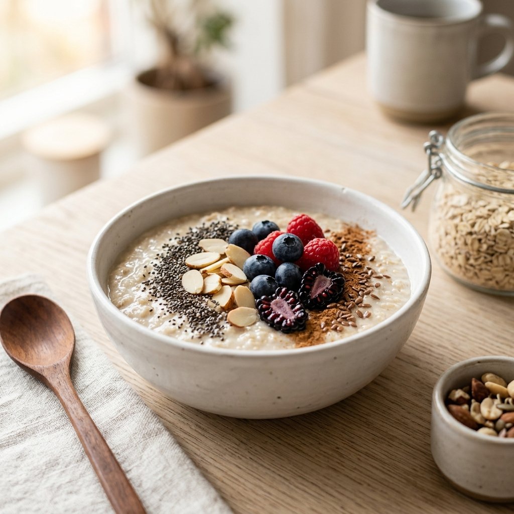 A bowl of creamy oat-based porridge topped with seeds, nuts, and fresh berries on a wooden table.