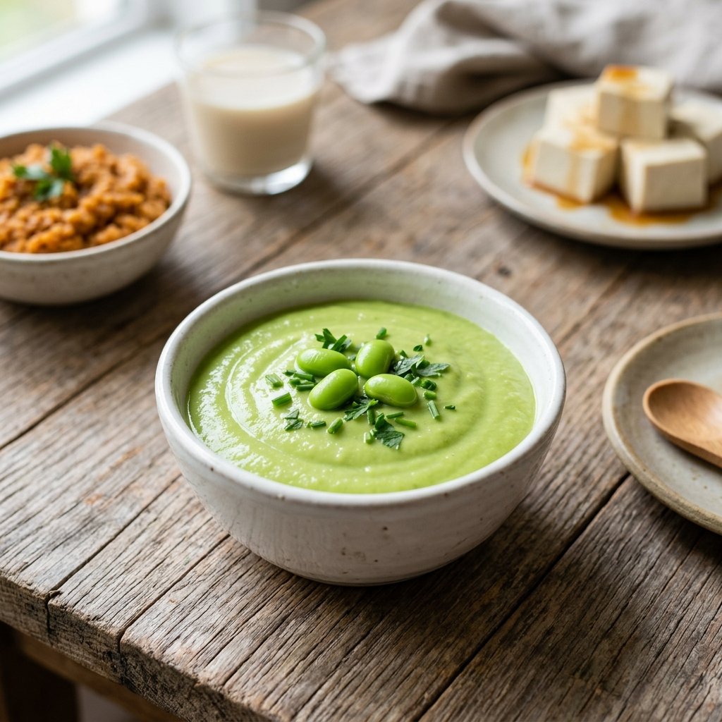 A bowl of smooth green edamame purée garnished with herbs and edamame pods on a wooden table with blurred soft vegan foods in the background.
