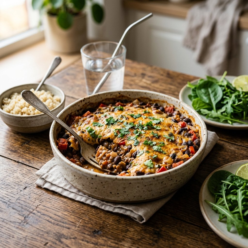 Close-up of a soft-baked black bean casserole in a ceramic dish on a wooden table, accompanied by fresh greens and a glass of water.