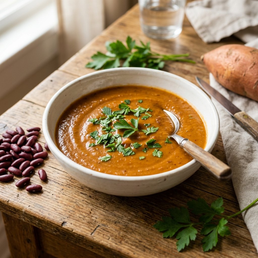 A bowl of creamy blended kidney bean and sweet potato soup garnished with fresh herbs on a wooden table with raw ingredients nearby.