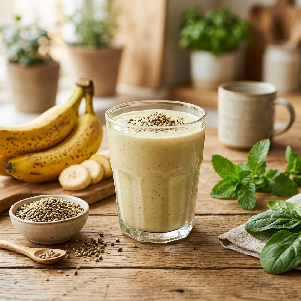 A glass of creamy hemp-seed and banana smoothie on a wooden table surrounded by fresh bananas and hemp seeds.