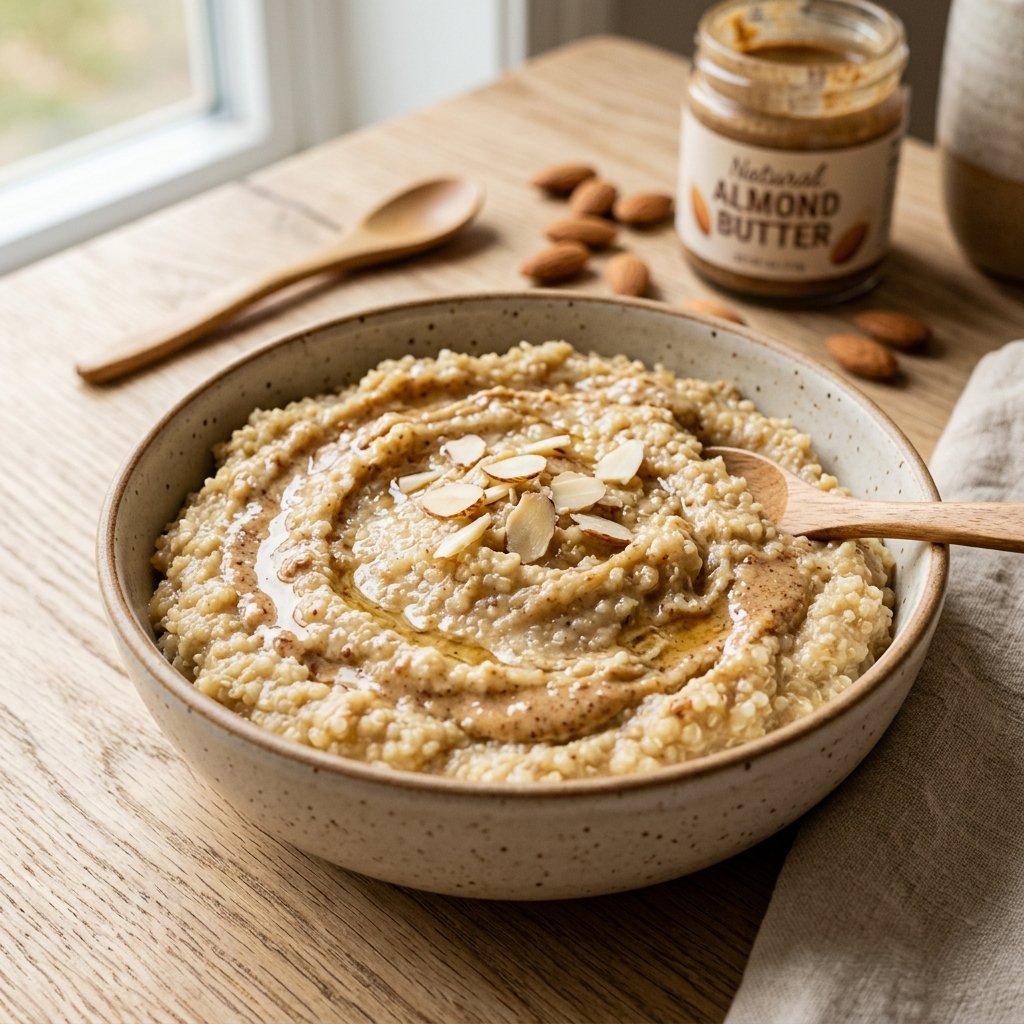 A bowl of soft mashed quinoa mixed with almond butter on a wooden surface with almonds and almond butter jar in the background.