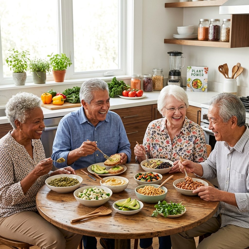 A group of seniors sitting around a table enjoying soft, high-protein vegan foods in a bright kitchen.