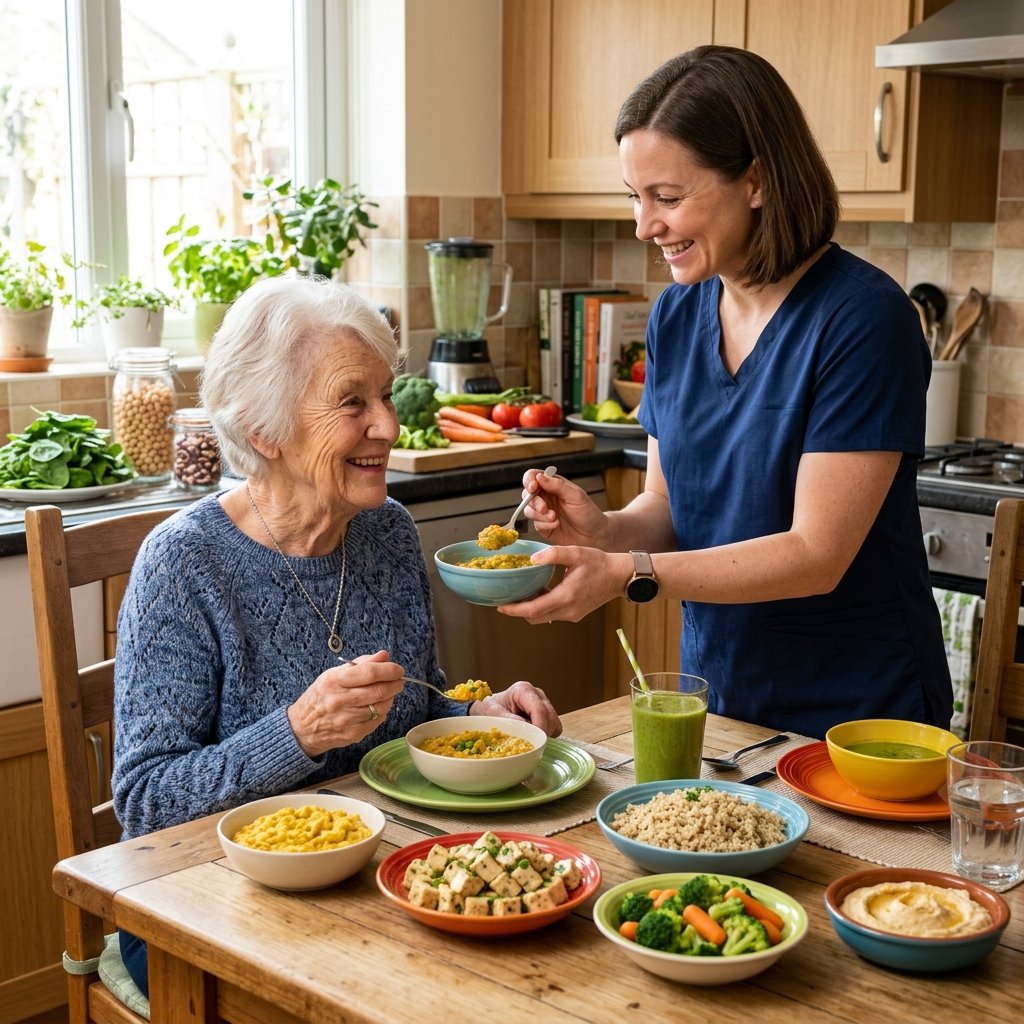 Senior woman and caregiver preparing and sharing soft plant-based vegan foods in a bright kitchen.