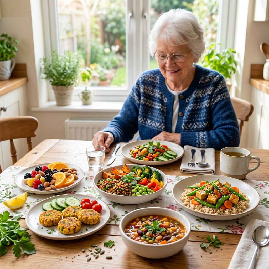 A table with small plates of colorful vegan meals and an elderly person about to eat.