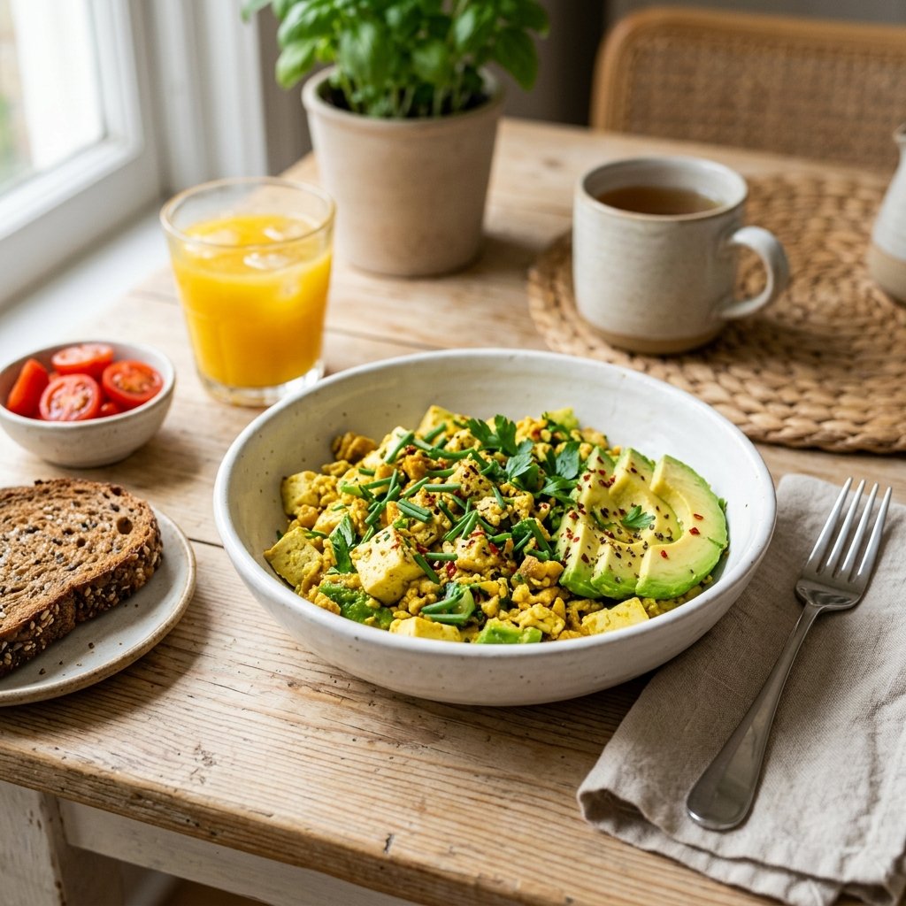 A bowl of silken tofu and avocado scramble garnished with fresh herbs on a wooden table with toast and orange juice nearby.