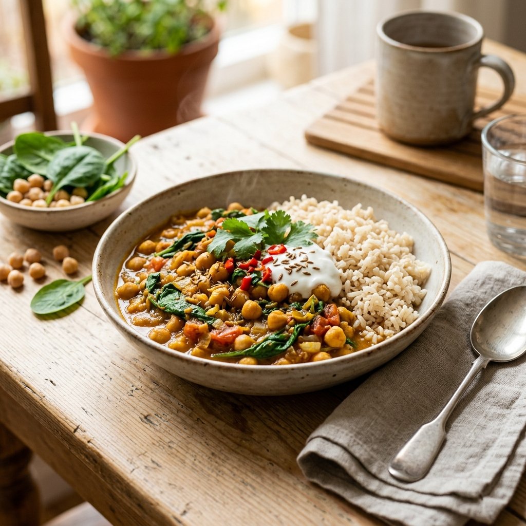 A bowl of chickpea and spinach curry served with soft brown rice on a wooden table.