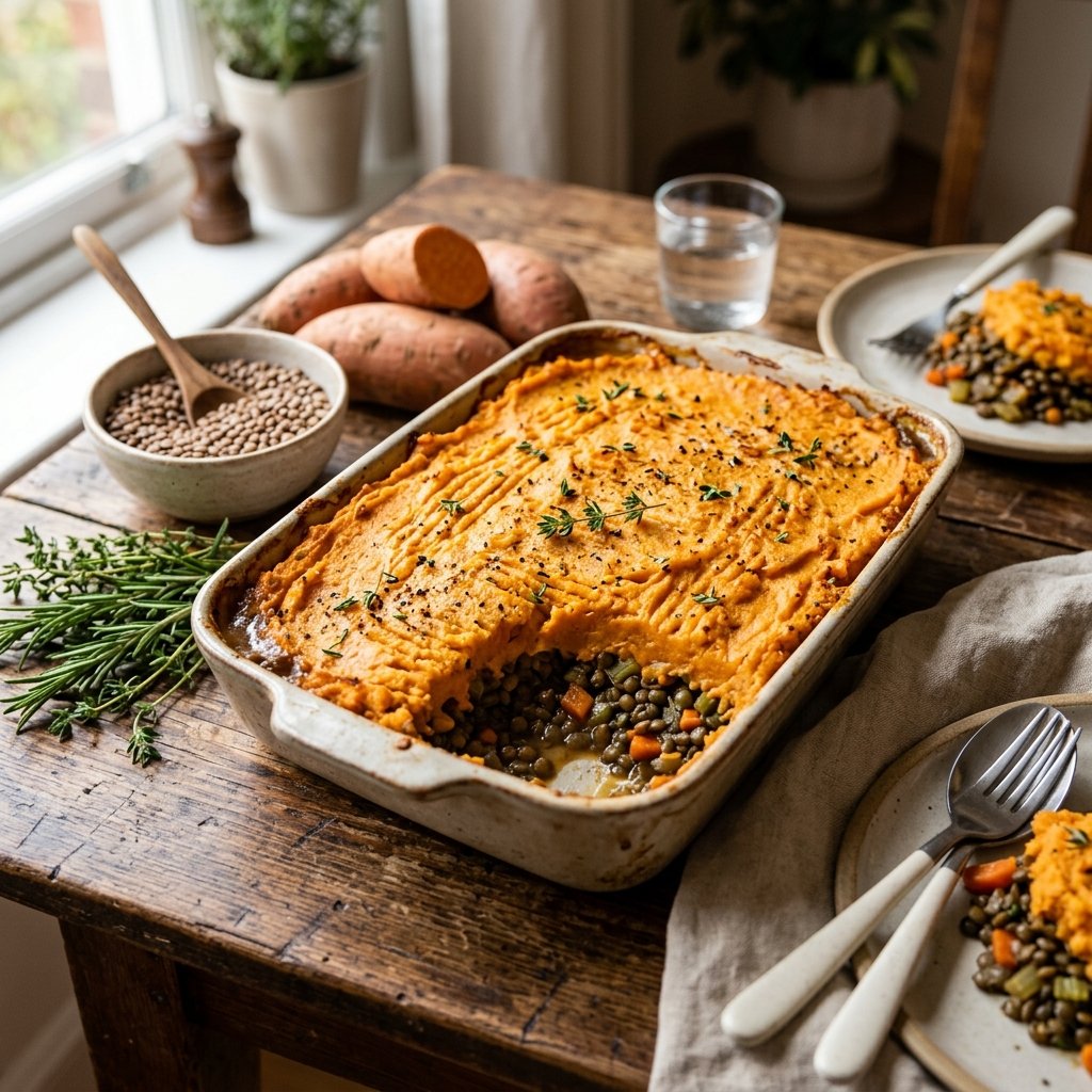 A freshly baked lentil and sweet potato shepherd’s pie in a ceramic dish on a wooden table with fresh ingredients around it.