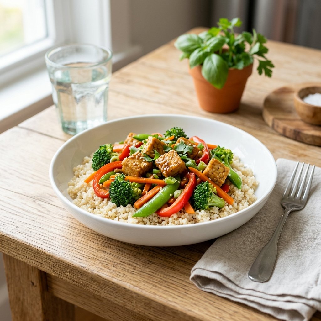 A bowl of soft tempeh and colorful vegetable stir-fry served over quinoa on a wooden table.