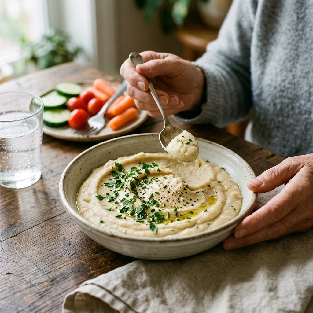 A bowl of creamy cashew and white bean mash garnished with herbs on a wooden table with a glass of water and sliced vegetables in the background.