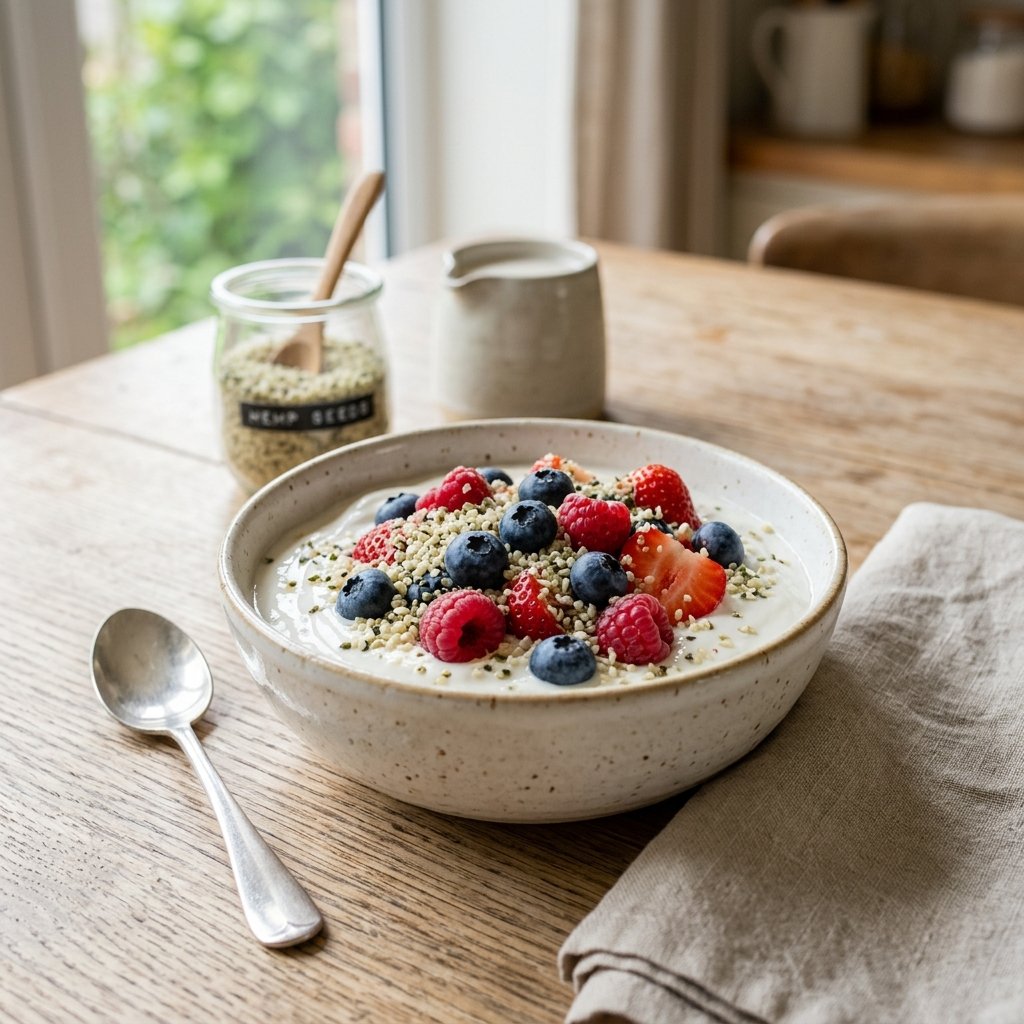 A bowl of vegan yogurt topped with hemp seeds and mixed berries on a wooden table.