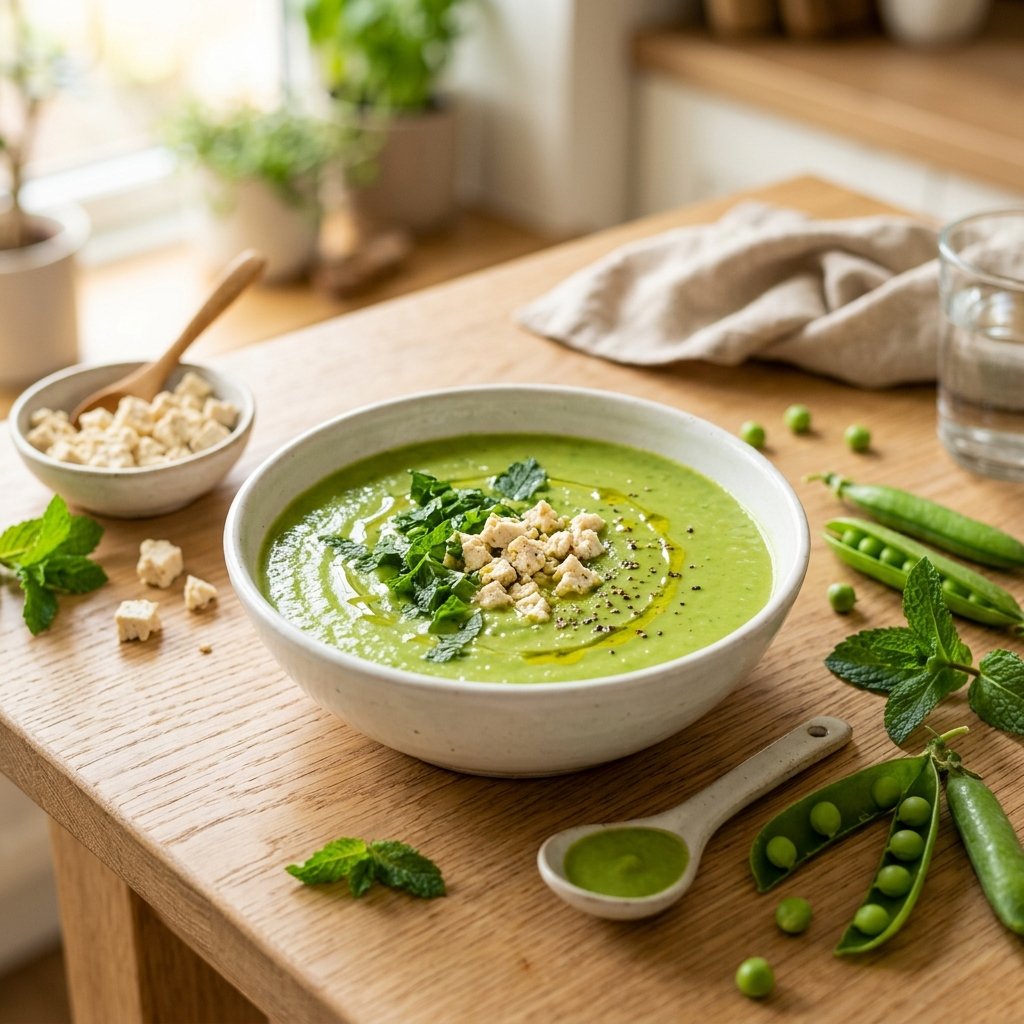 A bowl of green pea and mint soup topped with crumbled tofu and fresh mint leaves on a wooden table with peas and mint around it.