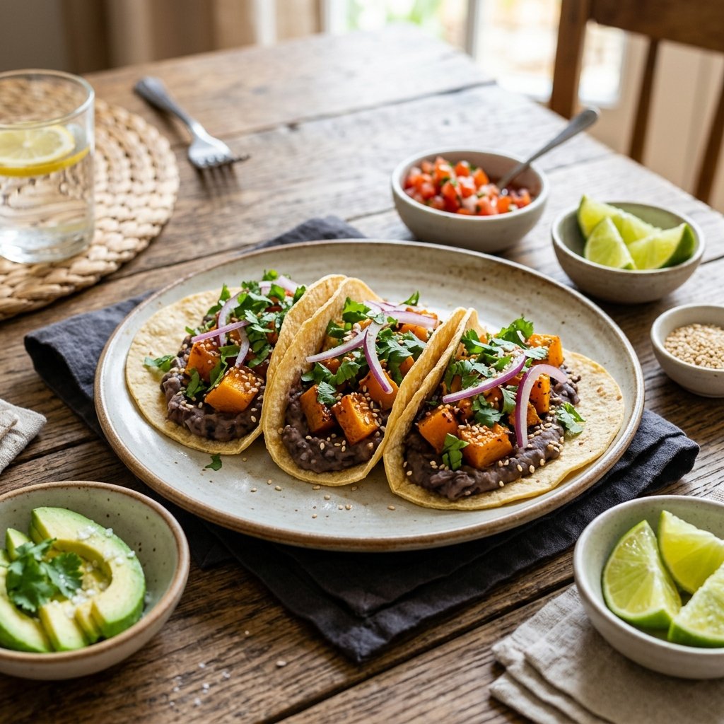 Plate of mashed black bean and roasted squash tacos garnished with cilantro and red onions on a wooden table with lime wedges and avocado slices nearby.