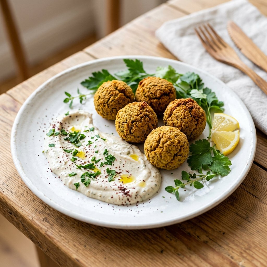 A plate of baked falafel balls served with tahini-yogurt sauce and garnished with fresh herbs and lemon wedges on a neutral table.