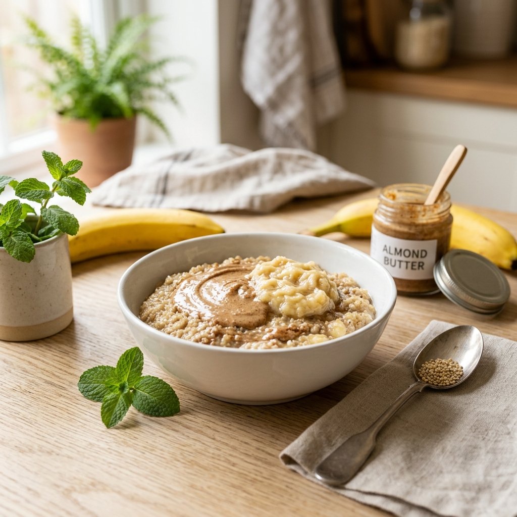 A bowl of quinoa porridge topped with almond butter and mashed banana on a wooden table.