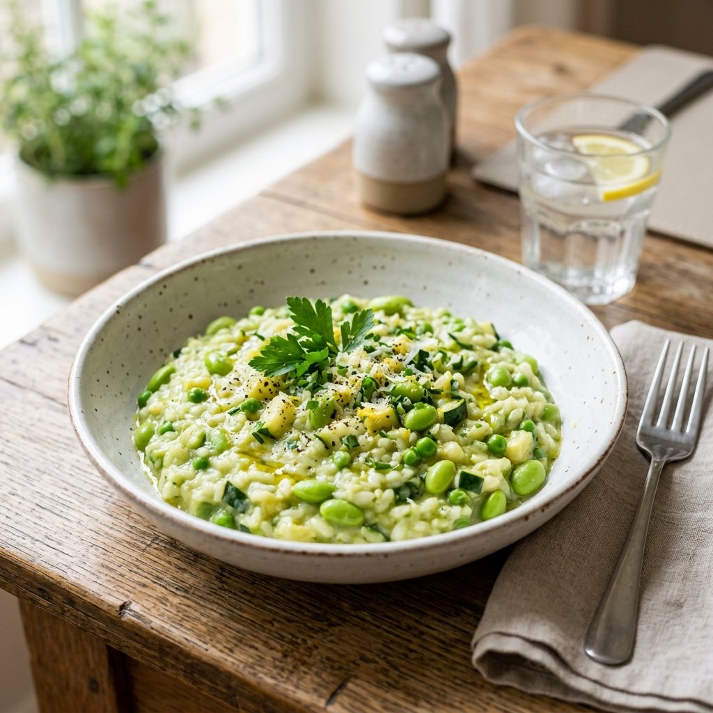 A bowl of creamy edamame and zucchini risotto garnished with fresh herbs on a wooden table with simple tableware in the background.
