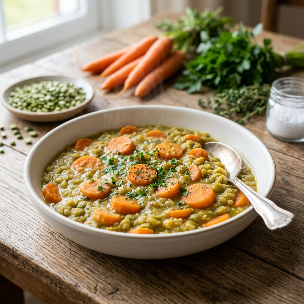 A bowl of soft-cooked split pea and carrot stew on a wooden table with fresh carrots and herbs nearby.