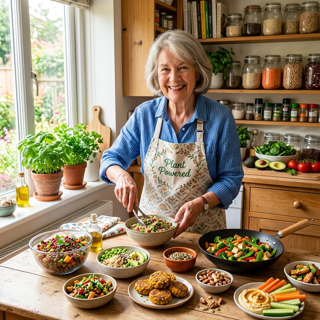 A senior woman preparing a variety of small vegan protein-rich meals in a bright kitchen.