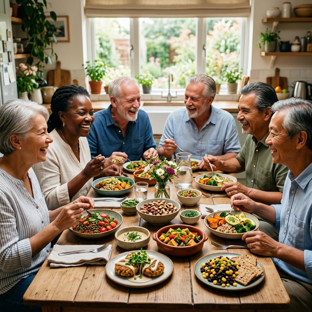 A group of seniors sitting around a table enjoying small plates of colorful vegan meals with plant-based protein.