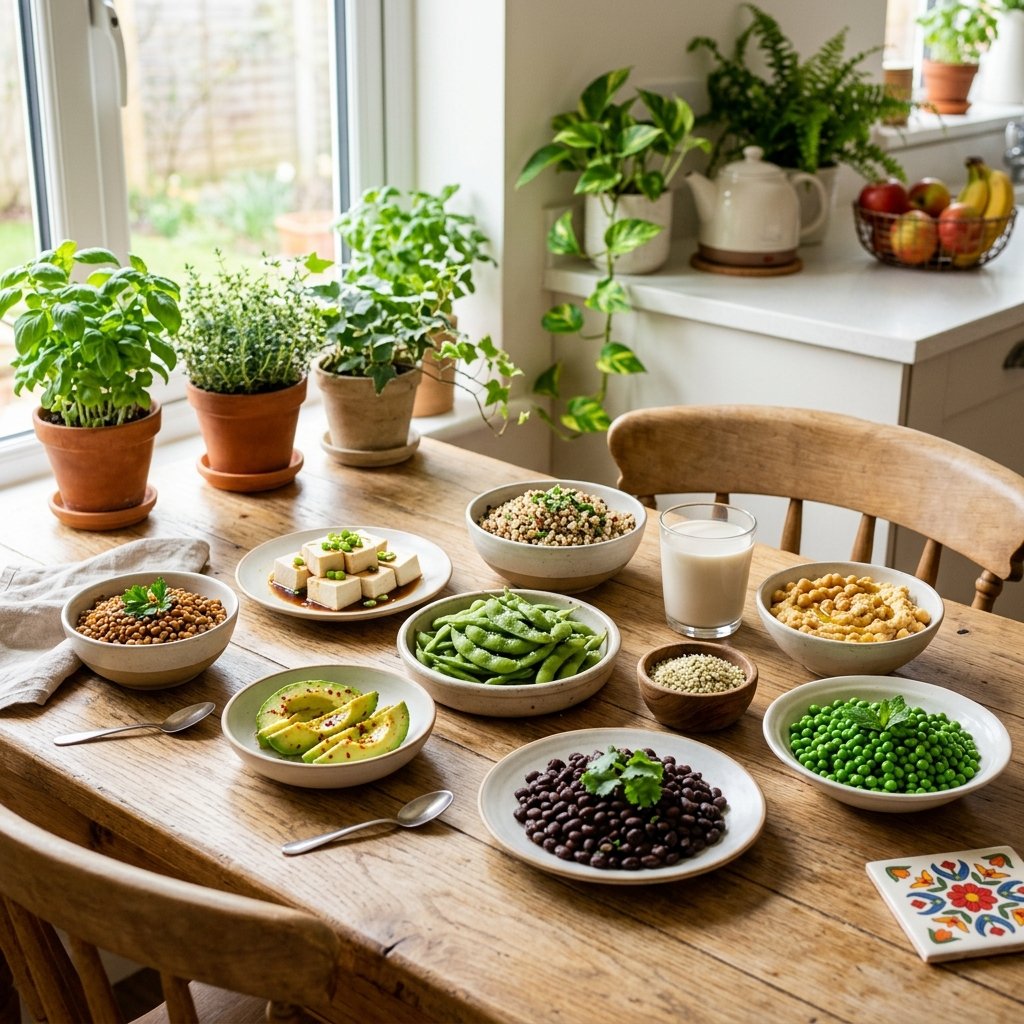 A table displaying ten different easy-to-digest vegan high-protein foods including lentils, tofu, quinoa, edamame, chickpeas, hemp seeds, almond milk, avocado, black beans, and green peas.