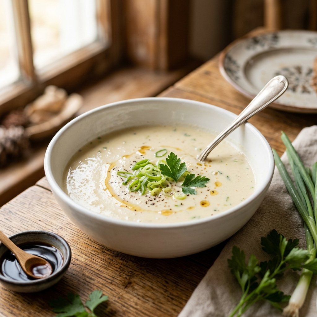 A bowl of creamy soup with silken tofu on a wooden table, garnished with green onions and parsley.