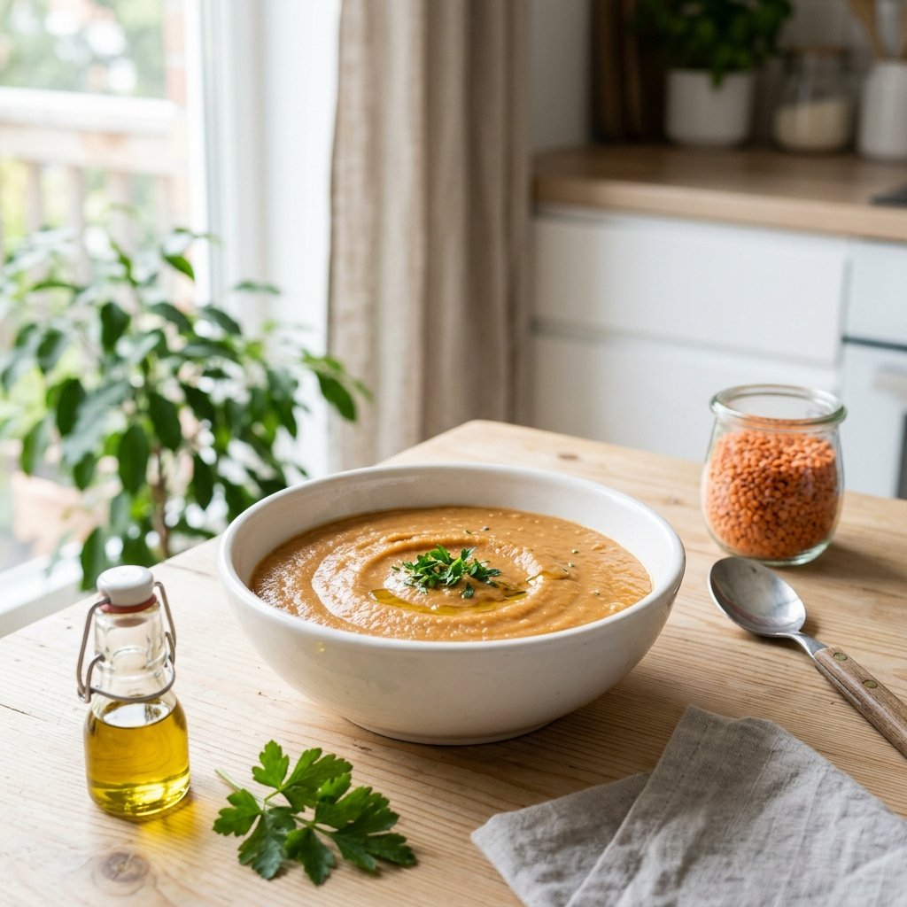 A bowl of smooth pureed cooked lentils on a wooden table with fresh herbs and lentils nearby.