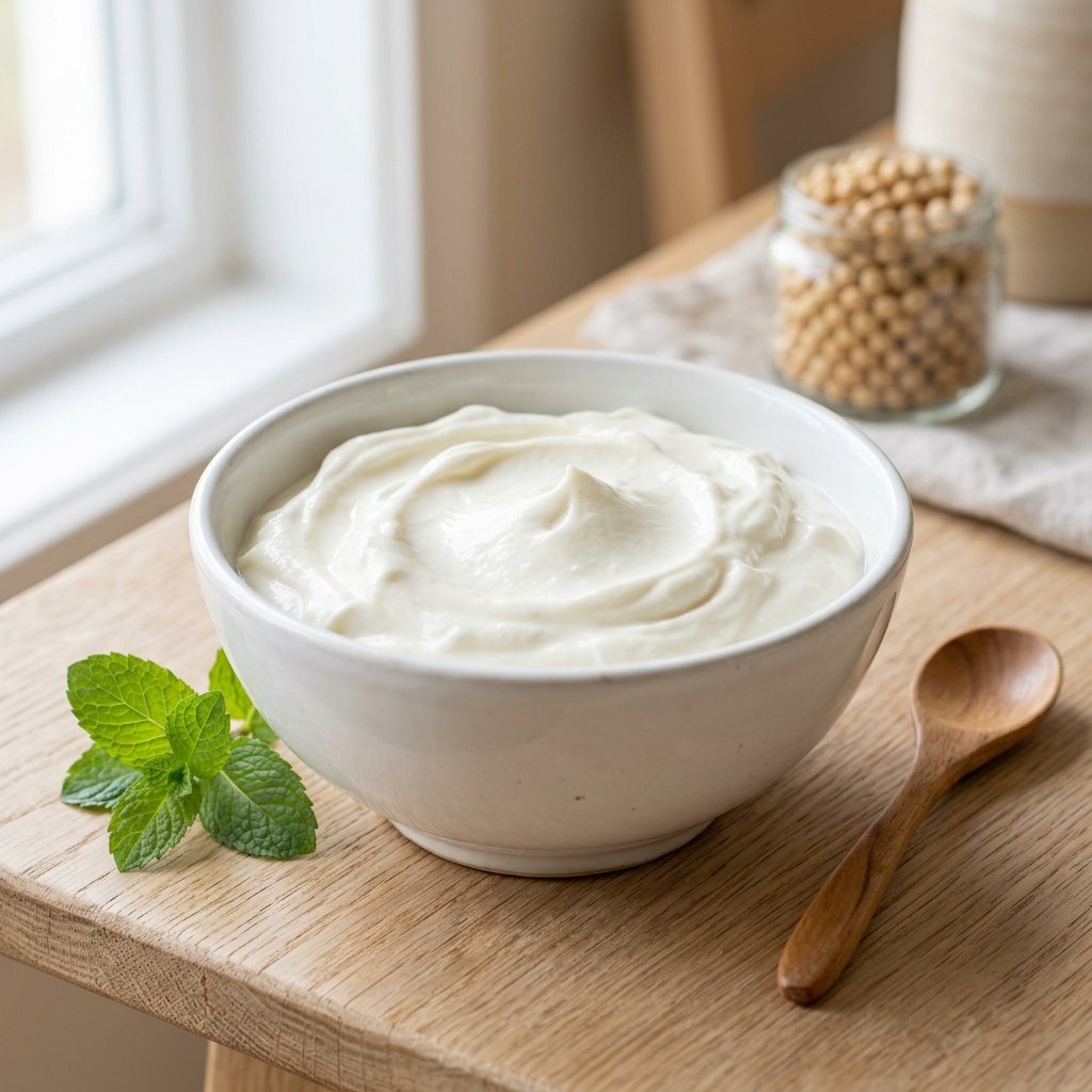 A bowl of plain Greek-style unsweetened soy yogurt on a wooden surface with a wooden spoon and fresh mint leaves nearby.