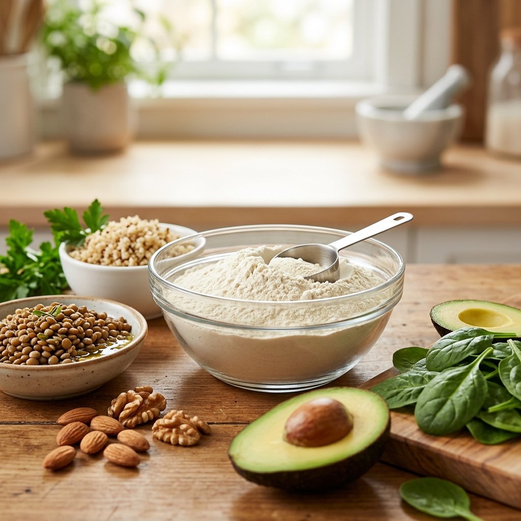 A bowl of smooth pea protein powder surrounded by various vegan high-protein foods like lentils, almonds, avocado, quinoa, and spinach on a kitchen countertop.