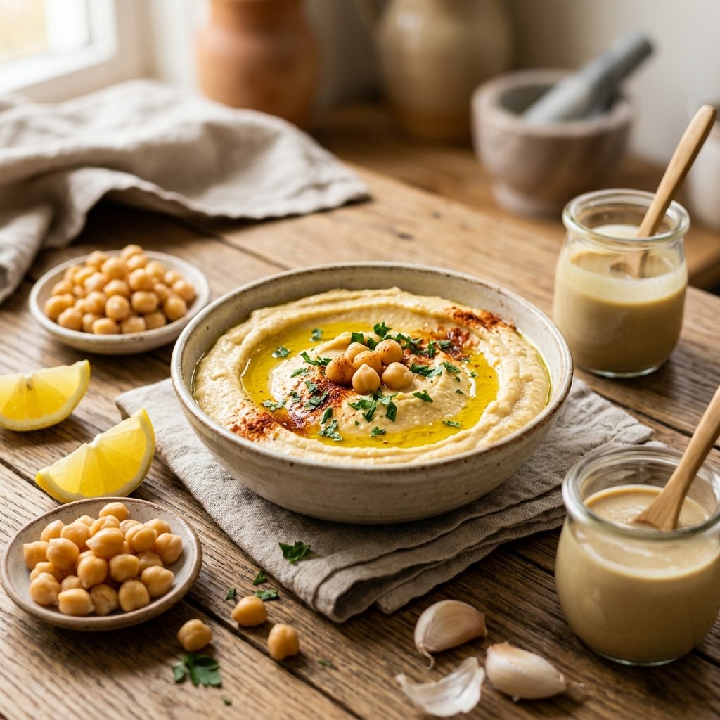 A bowl of mashed chickpeas garnished with olive oil, paprika, and parsley on a wooden table surrounded by fresh ingredients like chickpeas, lemon wedges, and garlic.