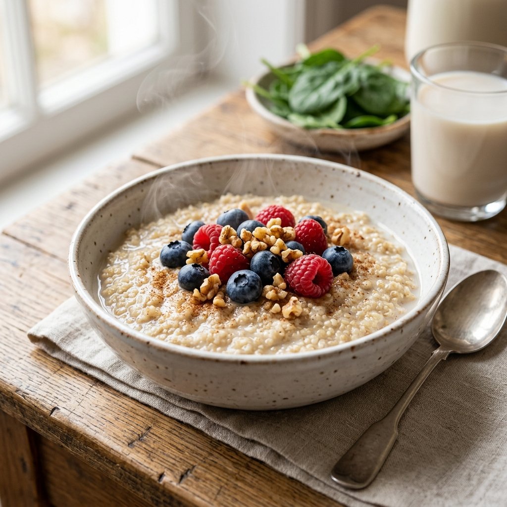 A bowl of soft-cooked quinoa porridge topped with berries and nuts on a wooden table with fresh ingredients in the background.