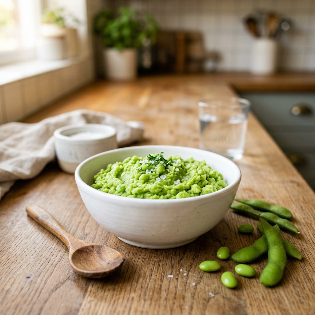 A bowl of steamed and mashed edamame with fresh edamame pods and a wooden spoon on a kitchen counter.