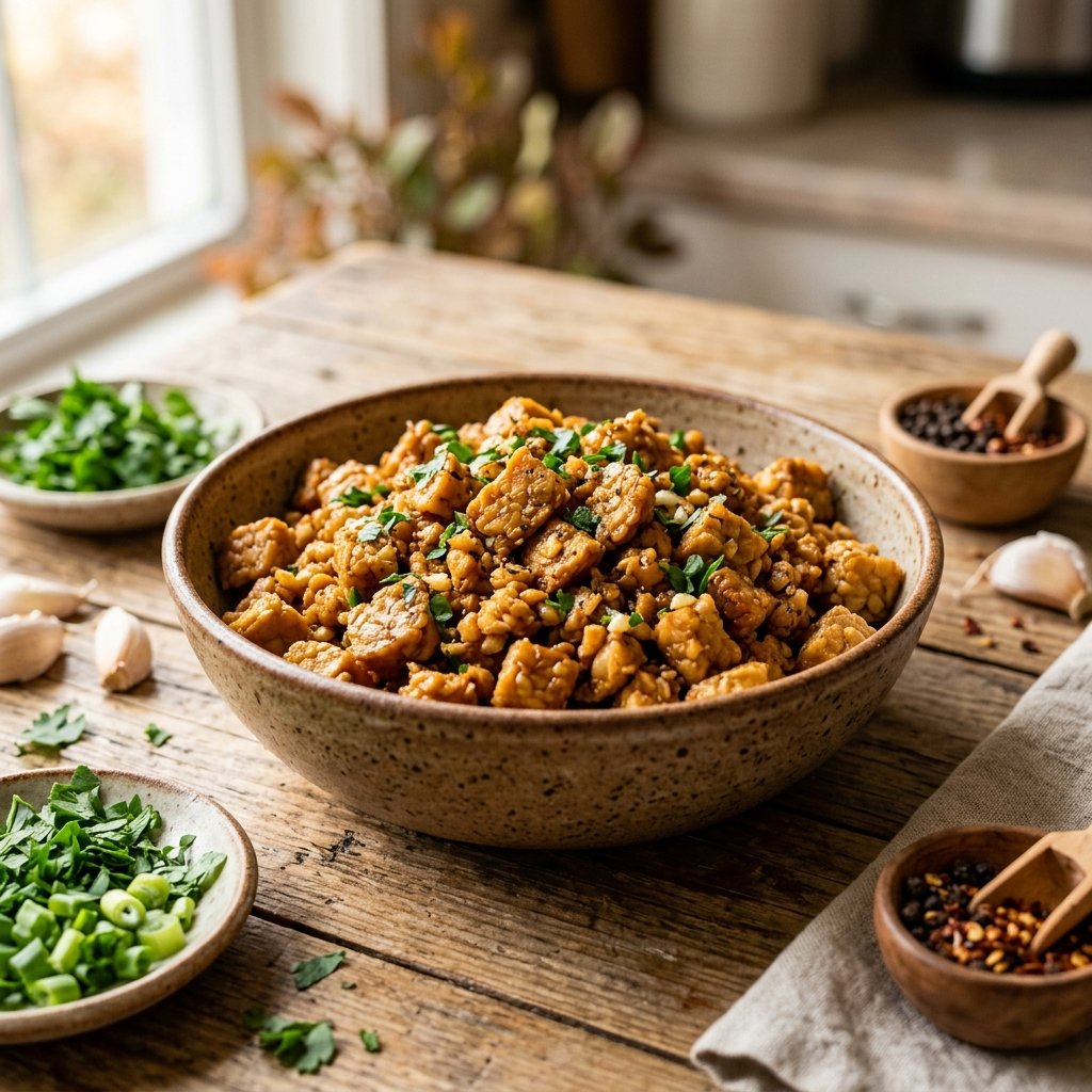 A bowl of soft, seasoned tempeh crumbles on a wooden surface with fresh herbs and garlic nearby.