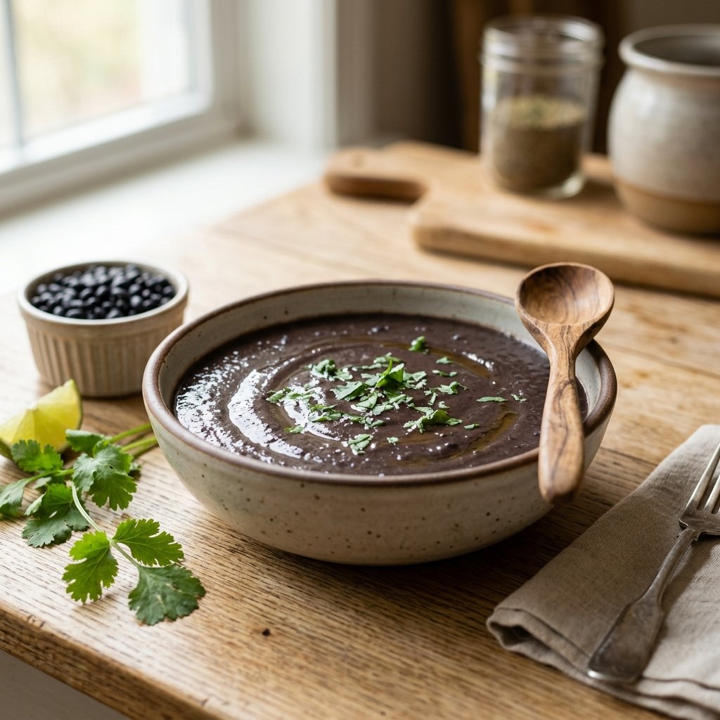 A bowl of smooth pureed black beans with broth on a table, accompanied by fresh black beans and a wooden spoon.